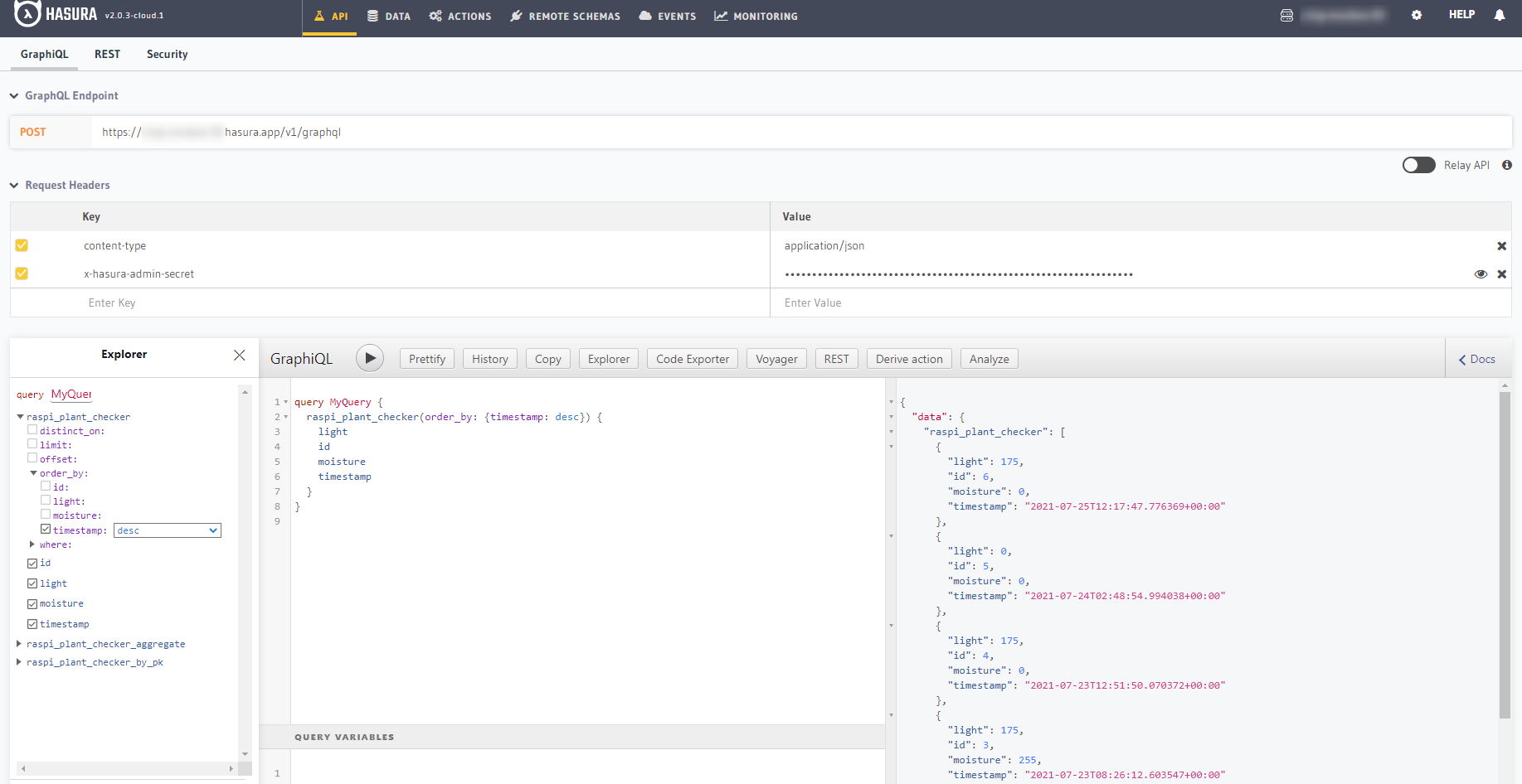 Hasura CloudのGraphQLコンソールでQueryを実行した結果